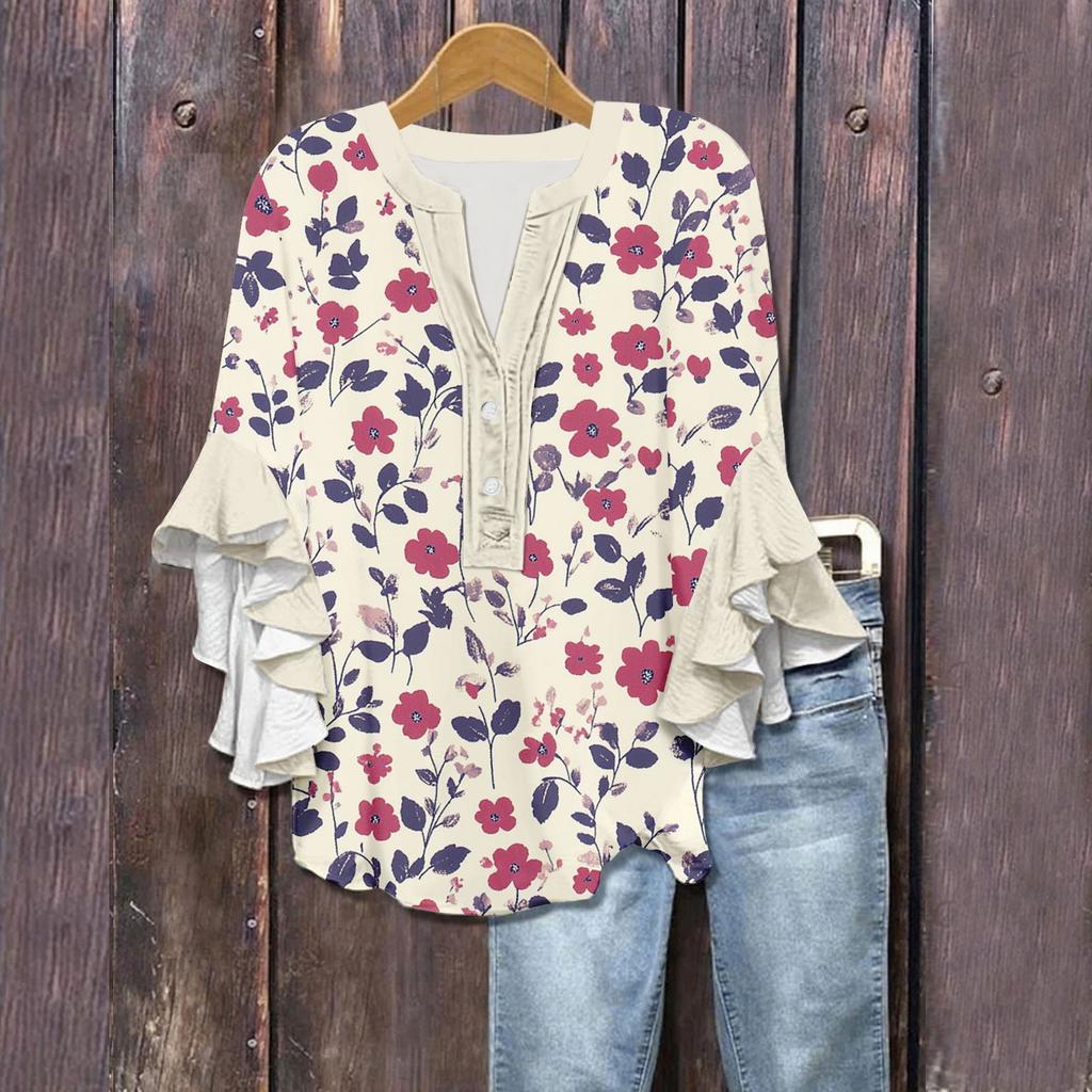 Women's Summer Tops V Neck Three-quarter Sleeves Floral Print Flowing Ruffle Sleeves Half-button Shirt