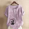 Damenmode Schwarze Katze bedrucktes Kurzarm-T-Shirt Locker Baumwollhemd Lässige lockere Sommerbluse Übergrößen-Tops