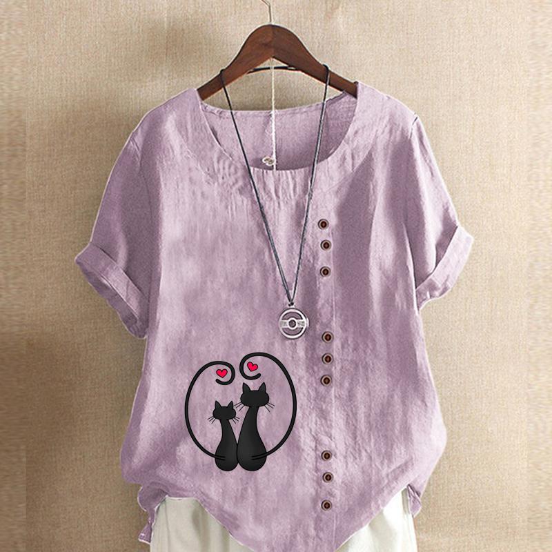 Damenmode Schwarze Katze bedrucktes Kurzarm-T-Shirt Locker Baumwollhemd Lässige lockere Sommerbluse Übergrößen-Tops