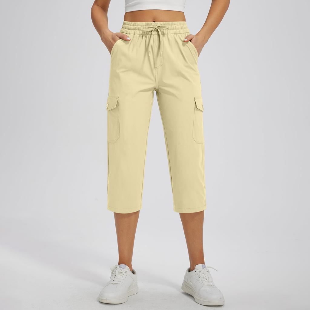 Damen locker sitzende High-Waist Wanderhose mit elastischem Bund, leicht, mit zwei Taschen, lässige Capri-Hose für Outdoor-Aktivitäten