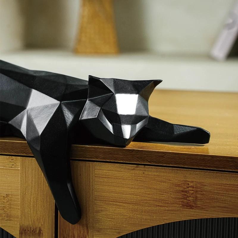 Geometric Black White Cat Statue, Modern Lying Cat Figurine Sculpture, Home Office Table Shelf Desk Decor, Cute Pet Lover Gift