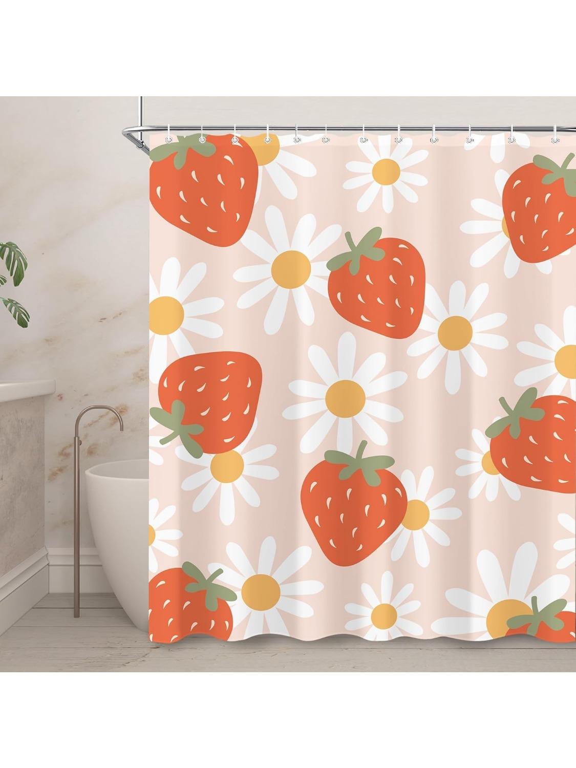 

1Pc Strawberry Print Waterproof Shower Partition Privacy Hanging Curtain With 12 Hooks, Multiple Sizes, Machine Washable 90x180cm