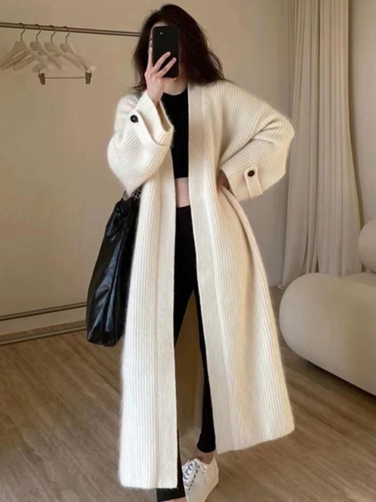 Long Knit Cardigan Sweater Women's New Style Loose Outerwear Korean Lazy Style Top Coat