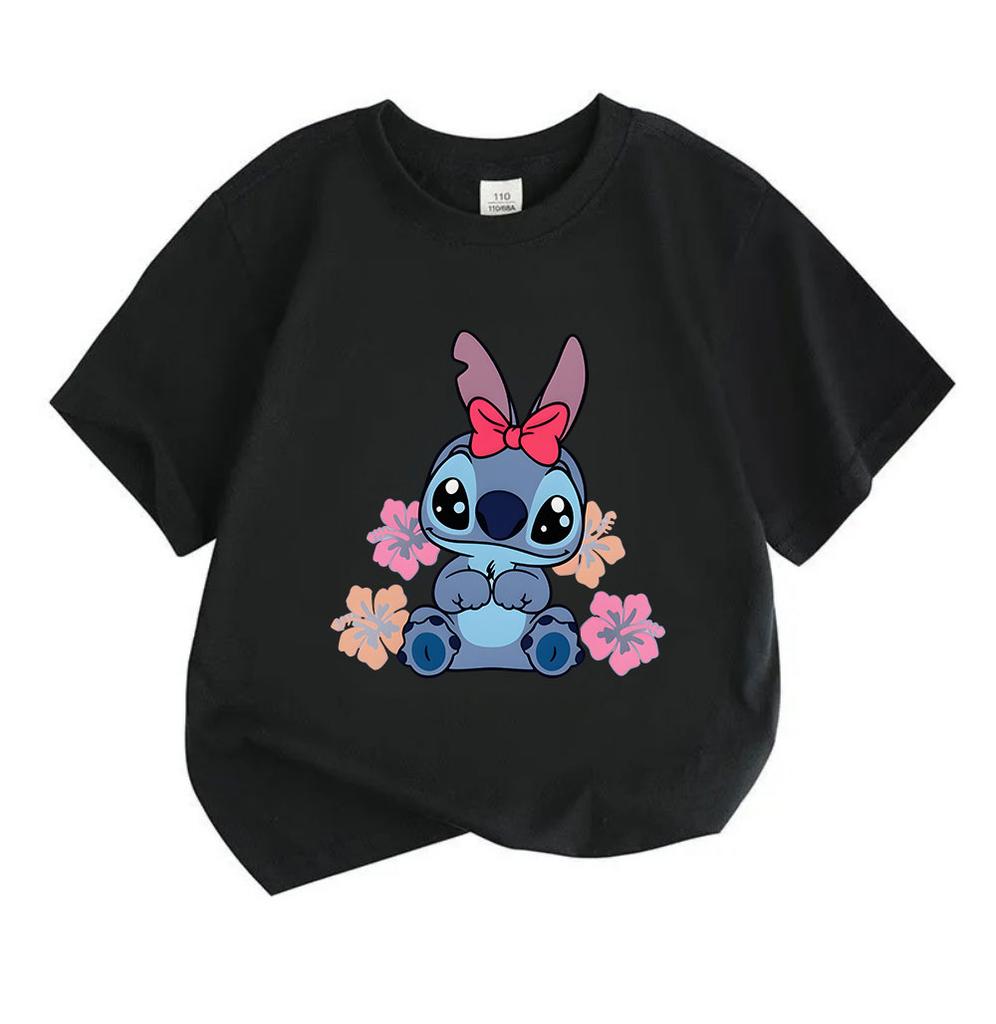 Cute Cartoon Blue Alien Print Kids Unisex 100% Cotton T-shirt, Boys Girls Crew Neck Short Sleeve Casual Tees with Hibiscus Flower Pattern for Summer D
