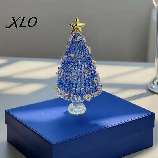 Festive Desk Decoration Hand Blown Glass Christmas Tree Figurine with Golen Star, Atmosphere Decor Mini Xmas Ornament, Handmade Desktop Holiday
