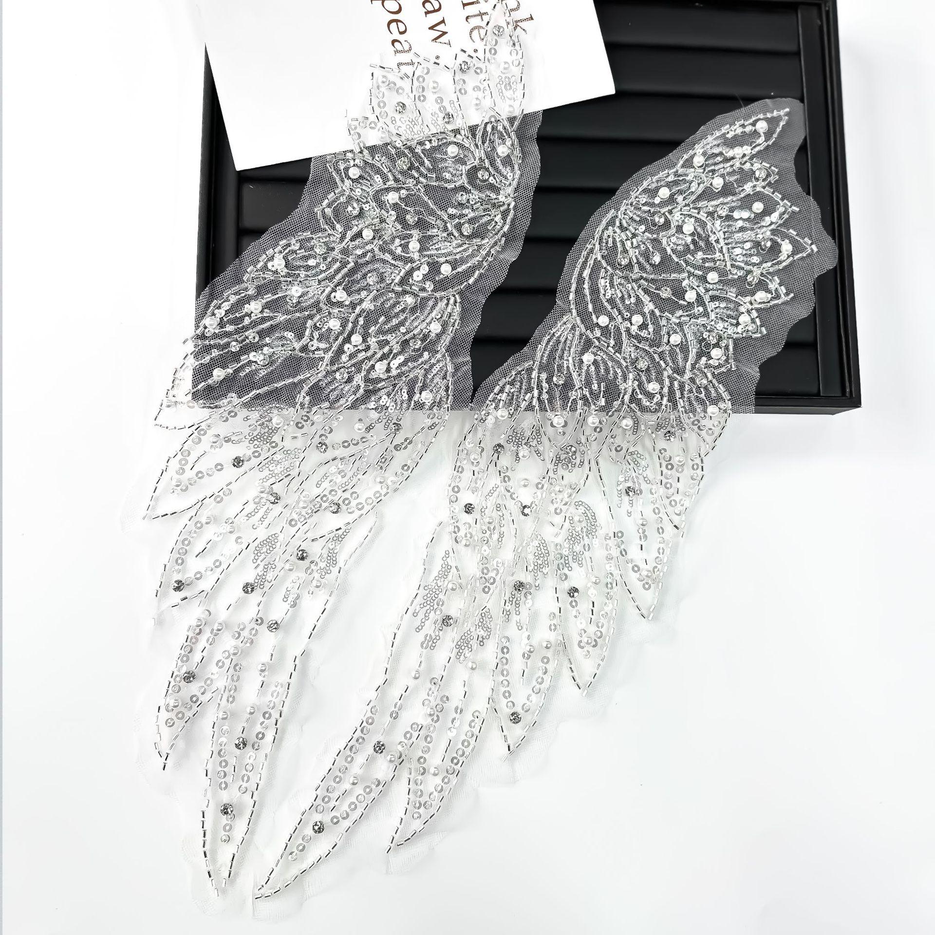 

Сетка Бусины Ручная Вышивка Сделай Сам Полные Алмазные Крылья Корсаж Пара Цветов для Воротника Одежда Свадебное Платье Кружевное Апплике