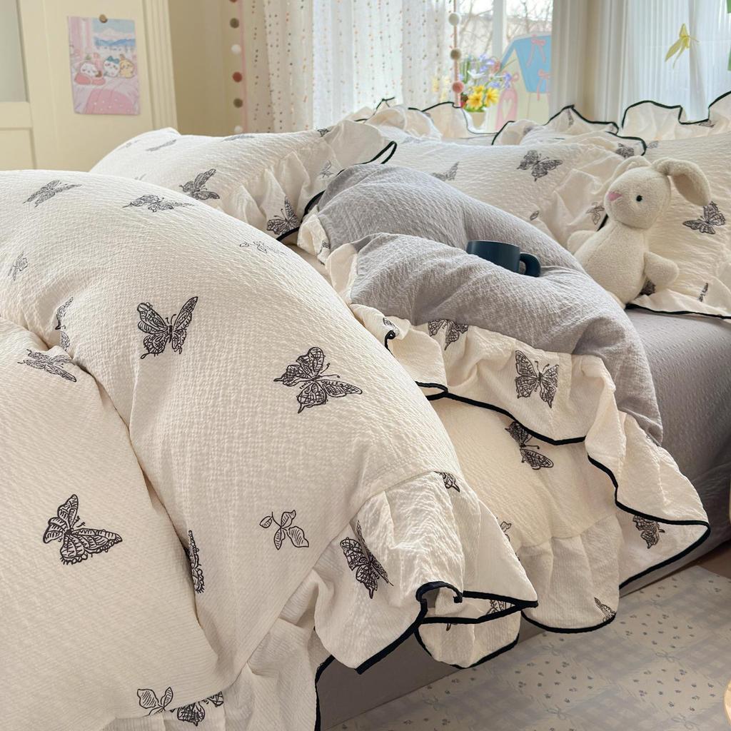 Bubble Cotton Fresh Floral Lace Bedding Set - 4-Piece Soft Duvet Cover & Sheet