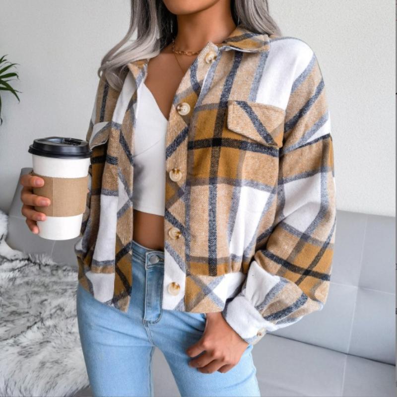 

Женская осенне-зимняя клетчатая шерстяная куртка с длинными рукавами и однобортным свободным шиком XL хаки