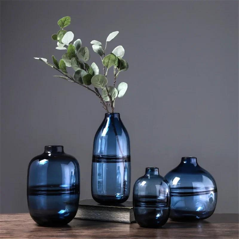 Minimalistische Blauw Zwarte Glazen Vaas Woonkamer Nordic Restaurant Bloemschikking Transparante Bloemen Decoratie Ornamenten