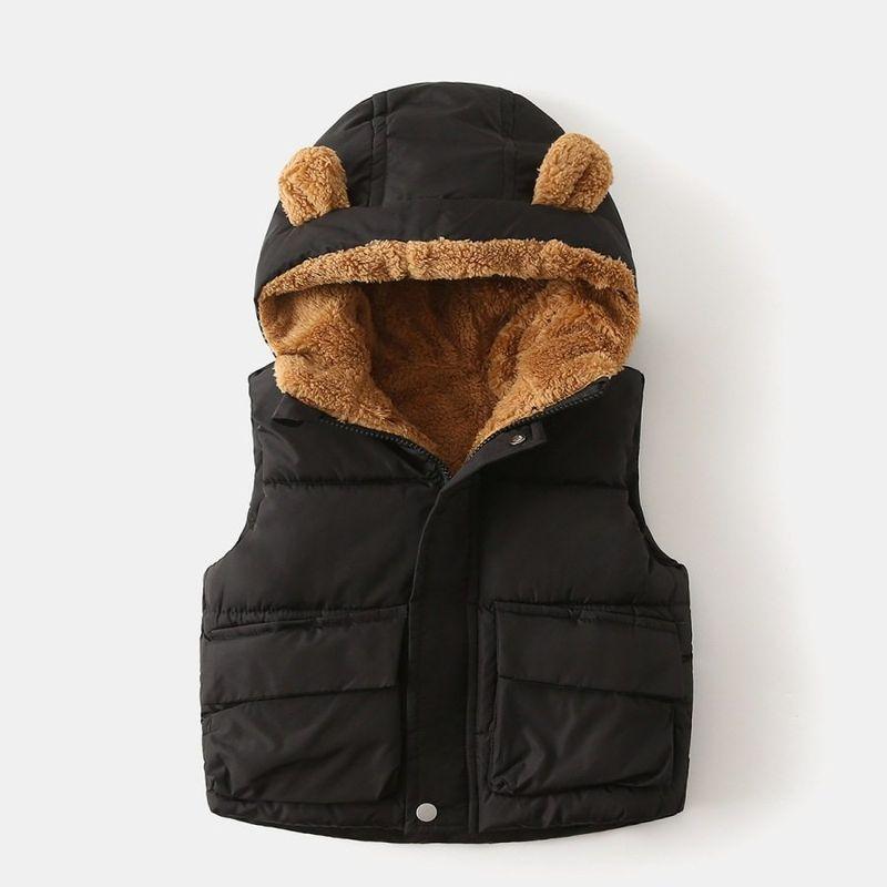 Thickened Cotton Coat for Boys and Girls, Winter Hooded Solid Color Fleece Vest, Cartoon Children's Clothing, Baby Cotton Jacket with Zipper