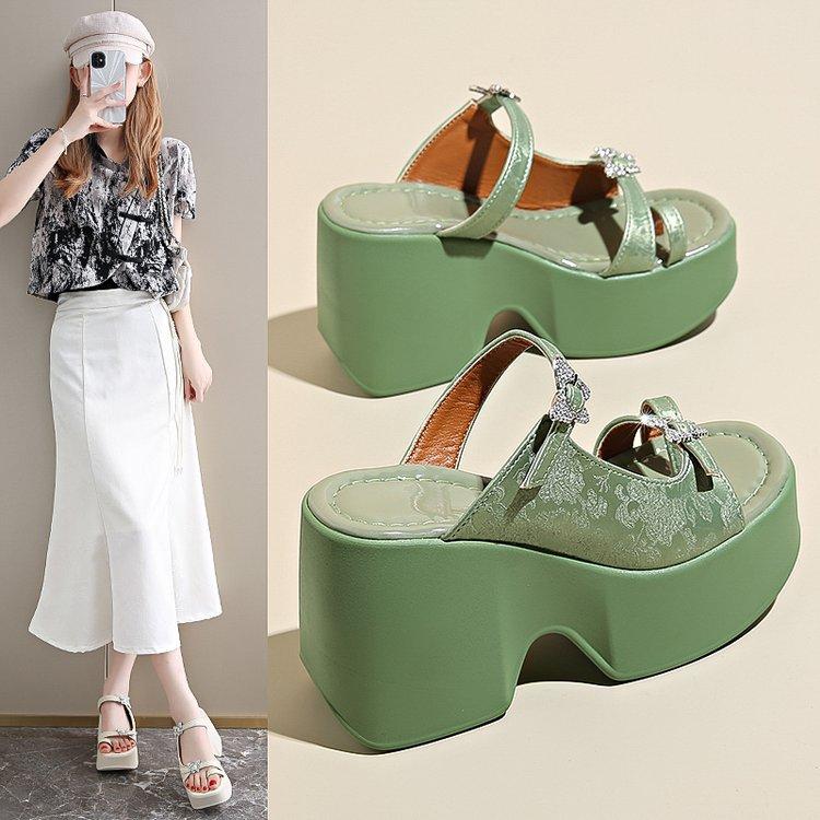 Summer France Style Outside Slim 10 CM High Heels Platform Peep Toe ButterFly Decoration Genuine Leather Women Rome Slippers