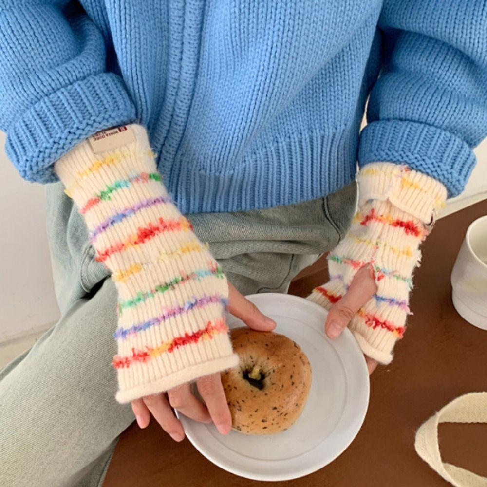 Y2k Streifen Gestrickte Handschuhe Verdickte Fingerlose Fäustlinge Süße Damen Winterhandschuhe Damen