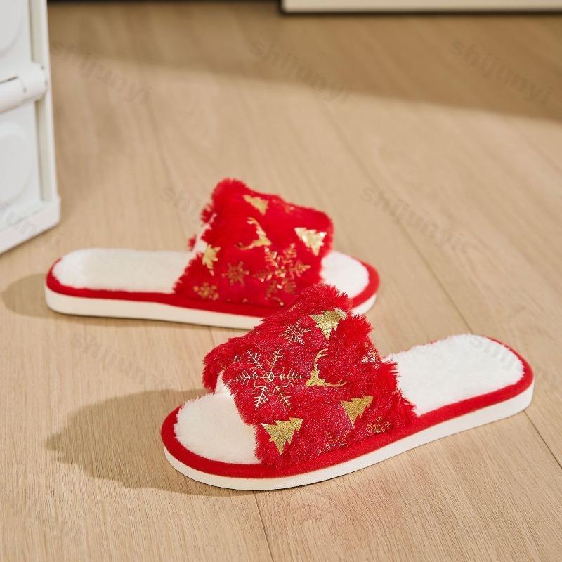 Fashion Couple's Christmas Plush Shoes Winter Fashion Women Warm Indoor Home Shoes Lightweight Comfortable Soft Sole Men Cotton Slippers