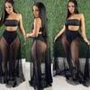 3Pcs/Set Vest Skirt Set Sexy Bandeau Tops High Waist Briefs Mesh Pleated Long Skirt Set Solid Color Outfit