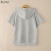 ZANZEA Damen Kapuze Einfarbig Kurzarm Reißverschluss High-Low Bluse T-Shirts