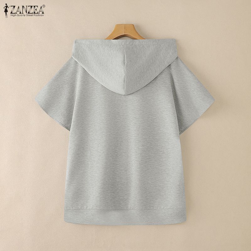 ZANZEA Damen Kapuze Einfarbig Kurzarm Reißverschluss High-Low Bluse T-Shirts