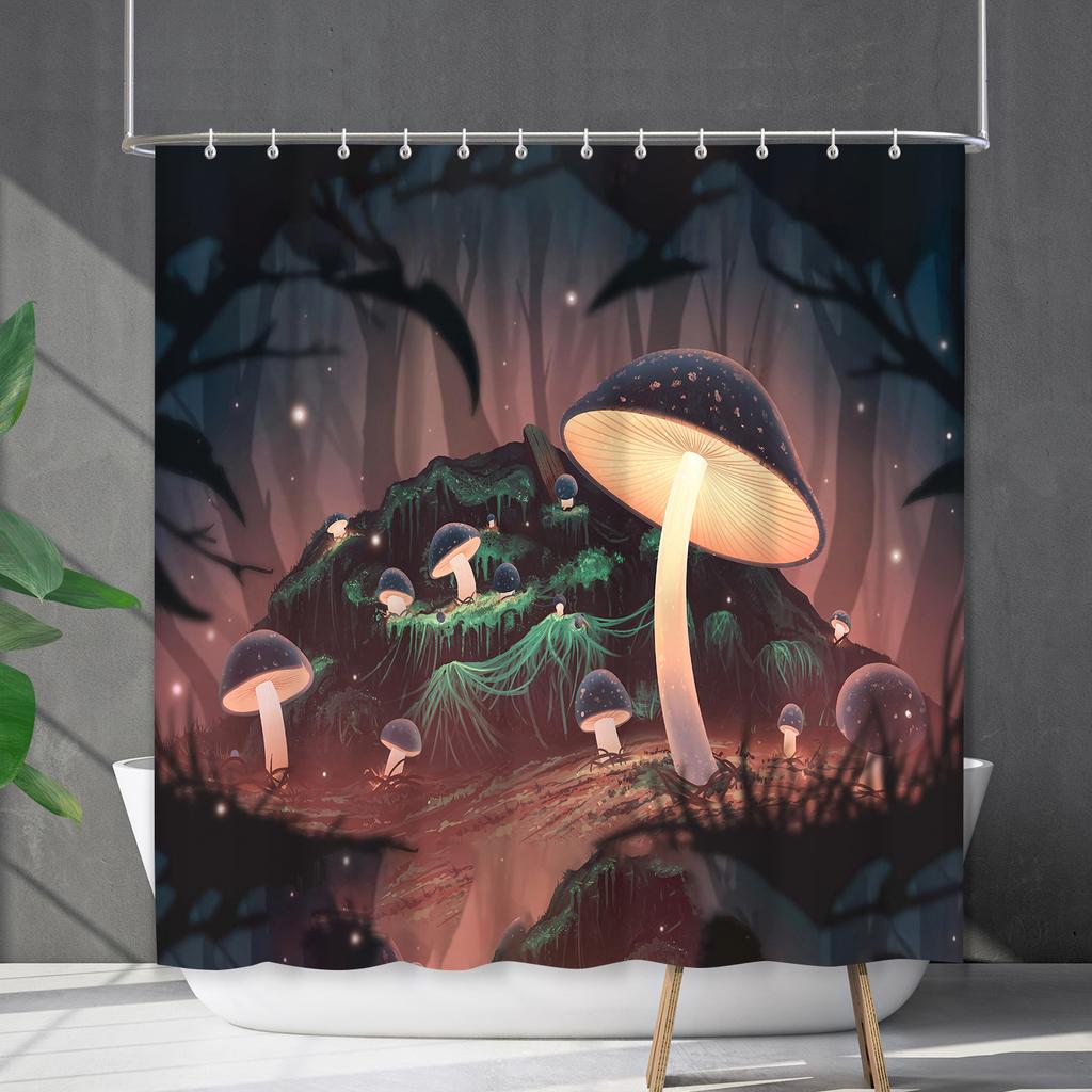 Bathroom Waterproof Curtain Digital Printing Plant Mushroom Shower Curtain Non-Punching Toilet Partition Curtain Shower Cloth