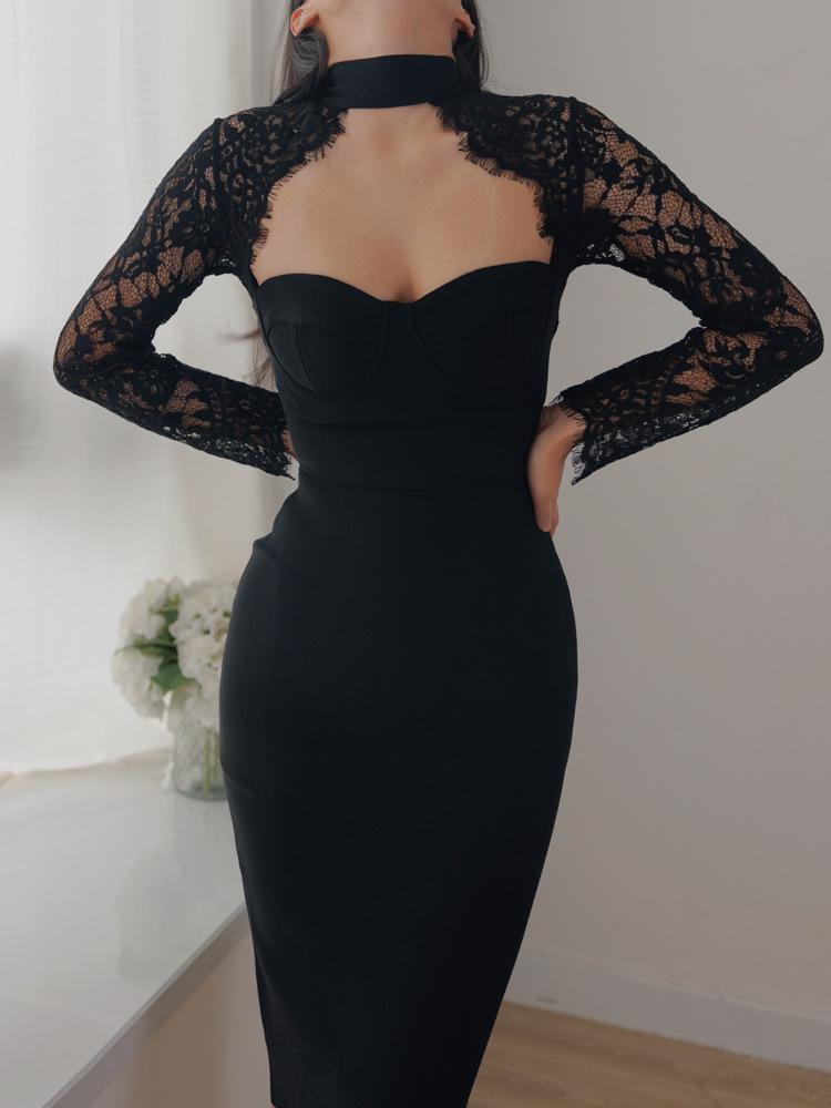 

Элегантное кружевное бандажное платье с длинными рукавами – сексуальный топ-труба с бретелью через шею для банкетов осенью/зимой M