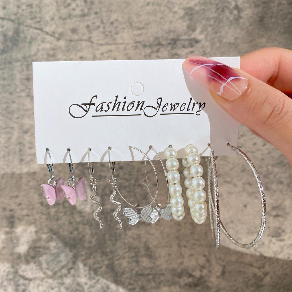 5-Pair Retro Leopard & Floral C-Shaped Earrings Set - Creative Personality Silver Hoops