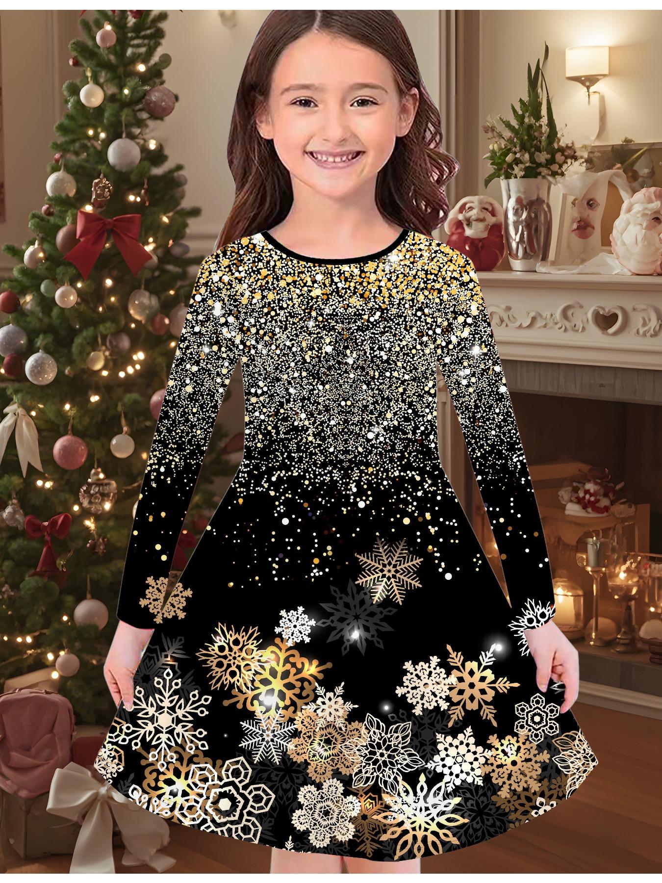 

Модное осенне-зимнее платье для девочек, 3D Рождественский принт, Круглый вырез, Длинное детское платье-футболка, Повседневное универсальное, Рождественская одежда 170 золотой