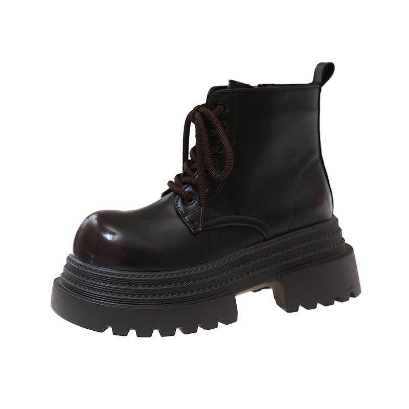 British Style Versatile Shoes Women Spring Autumn New Style Thick Sole Height Increasing Lace Up Round Toe Single Shoe