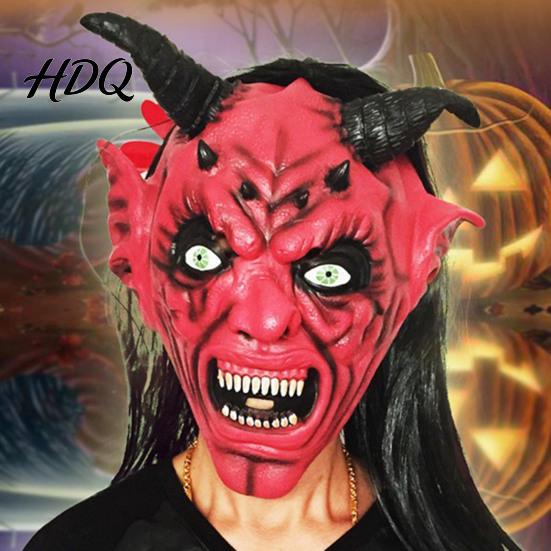 Creepy Red Devil Costume Accessory Halloween Satan Mask Realistic Full Head Latex with Long Escape Room Horror Decorations Horns And Fangs,