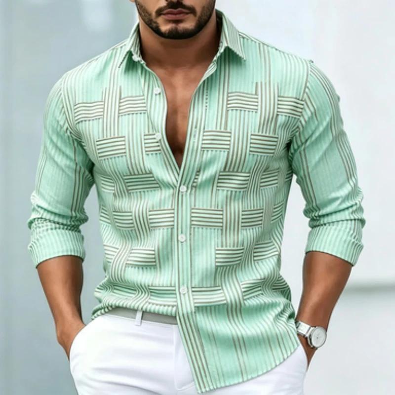 Men's Trendy Striped Woven Pattern Long-Sleeve Button-Up Shirt, Fashionable and Comfortable