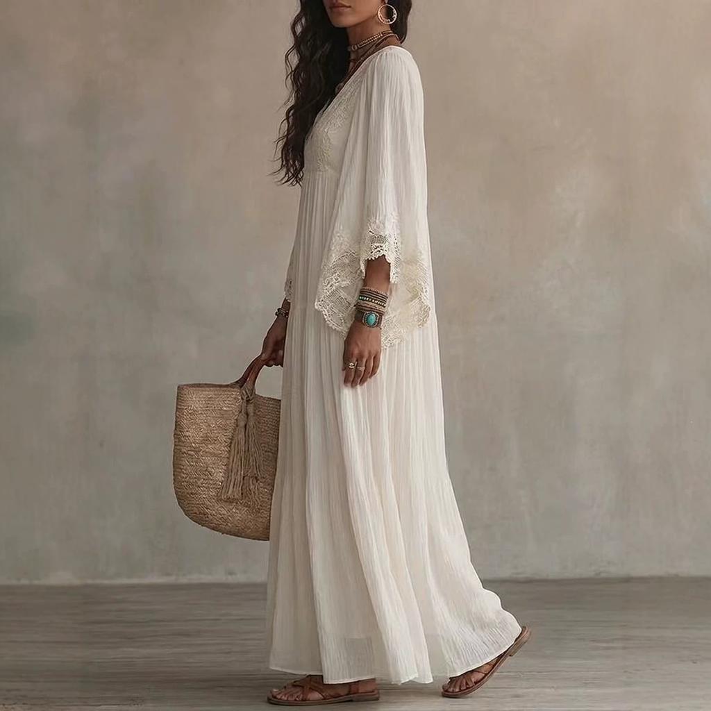 Rochie lungă albă din dantelă cu decolteu în V, rochie de vacanță pe plajă cu mâneci evazate, pliurile de zână sunt elegante și relaxate la malul mării