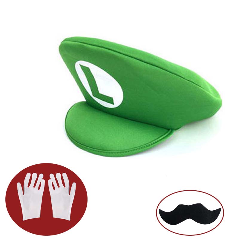 Rot Grün Super Bros Hüte Set Mary Luigy Kappen Schnurrbärte Handschuhe für Halloween Weihnachten Cosplay Kostüme Passende Accessoires
