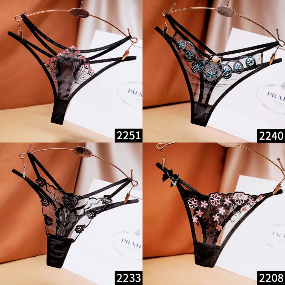 [Free Shipping] 2/4 Independent Packs, Black Embroidered Sexy Thong Female Sentiment Perspective Hot Underwear Thin