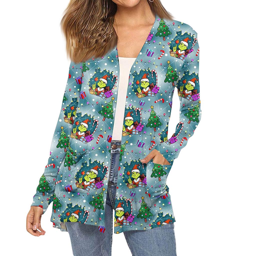 Dámský módní vánoční potisk dlouhý rukáv kapsy slim fit kardigan kabát