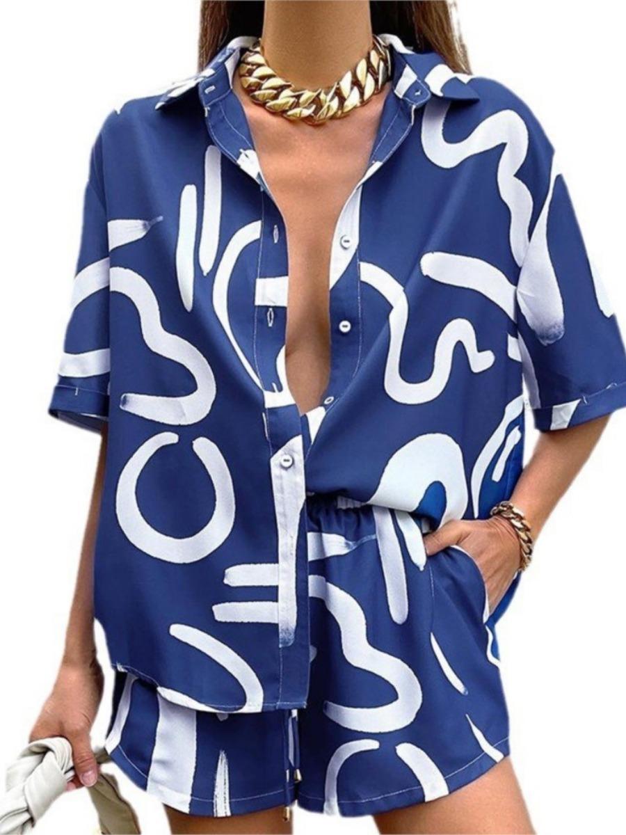 

2026 Casual Short Sleeve Shirt Shorts Set Office Lady Summer Geometric Print Tops Lace Up Pants Two Piece Set Women Outfit 3XL