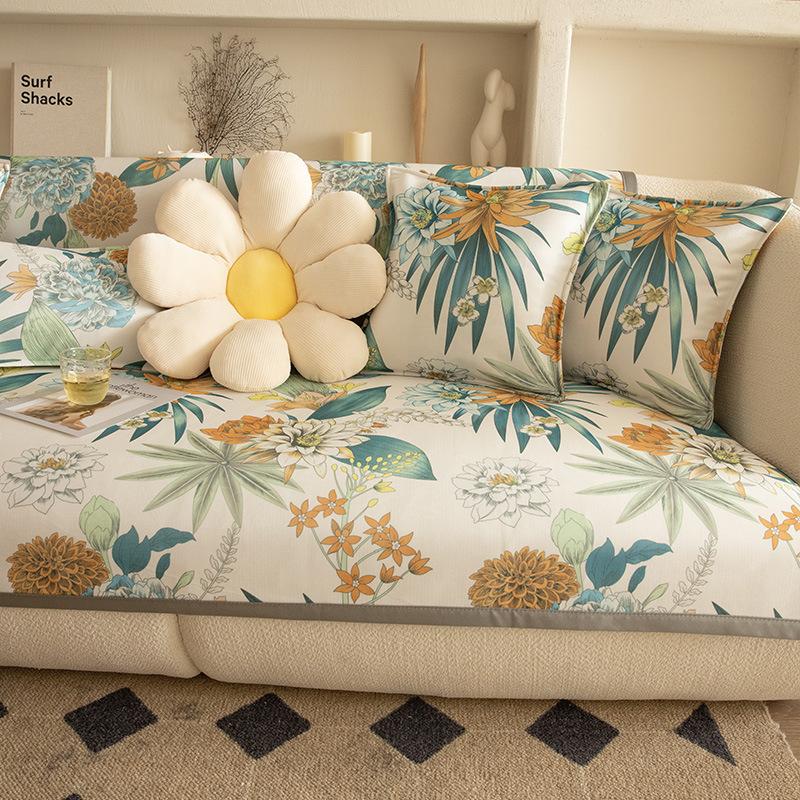 Light Luxury Style American Summer Cool Feeling Ice Silk Mat Sofa Cushion Living Room Dirt Resistant Protection Sofa Cool Cushion Washable