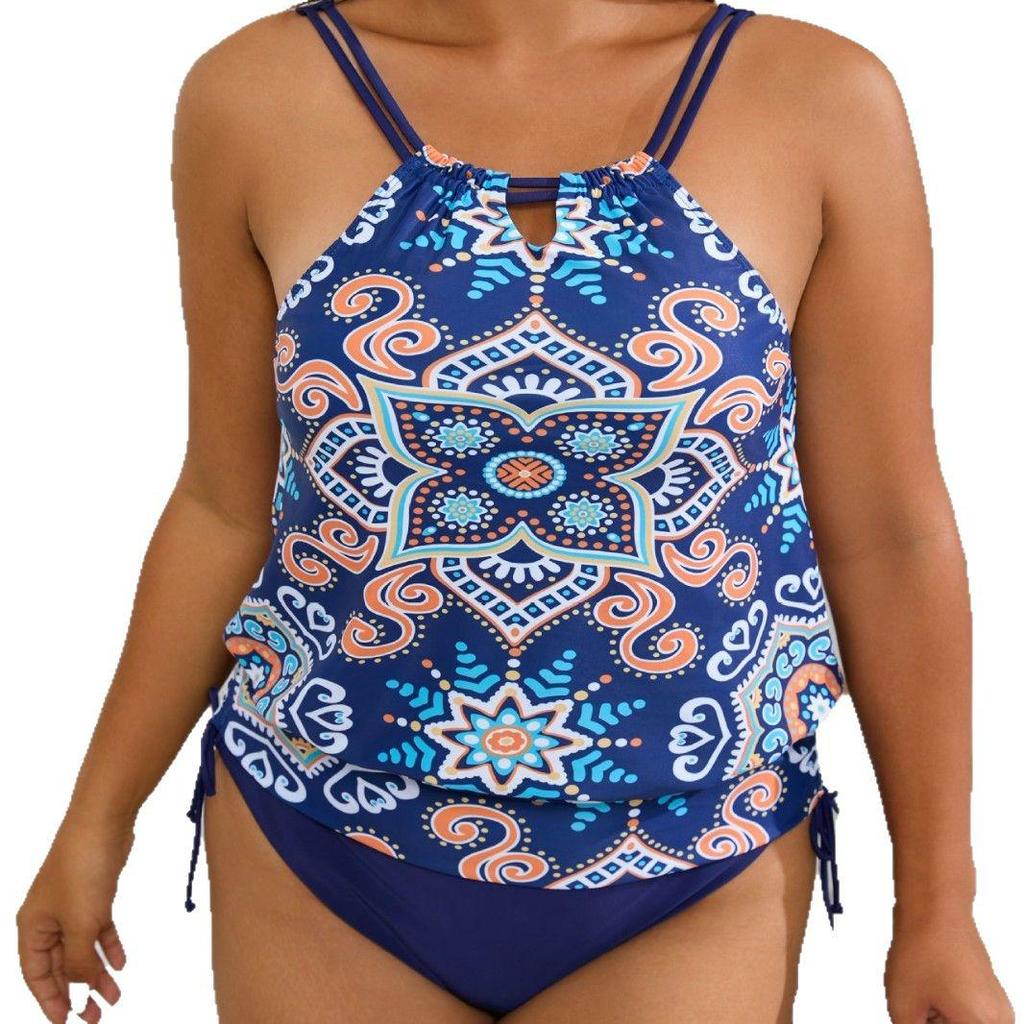 Plus Size Retro Print Bikini Halter Slimming Cover-up Two-Piece Swimsuit - European & American Style