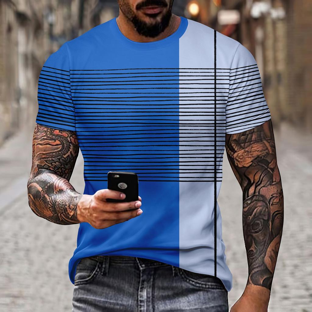 New Men's T-shirt Casual Short Sleeved Simple 3D Line Splicing Polyester Summer Round Neck Pullover Personalized Sports Top