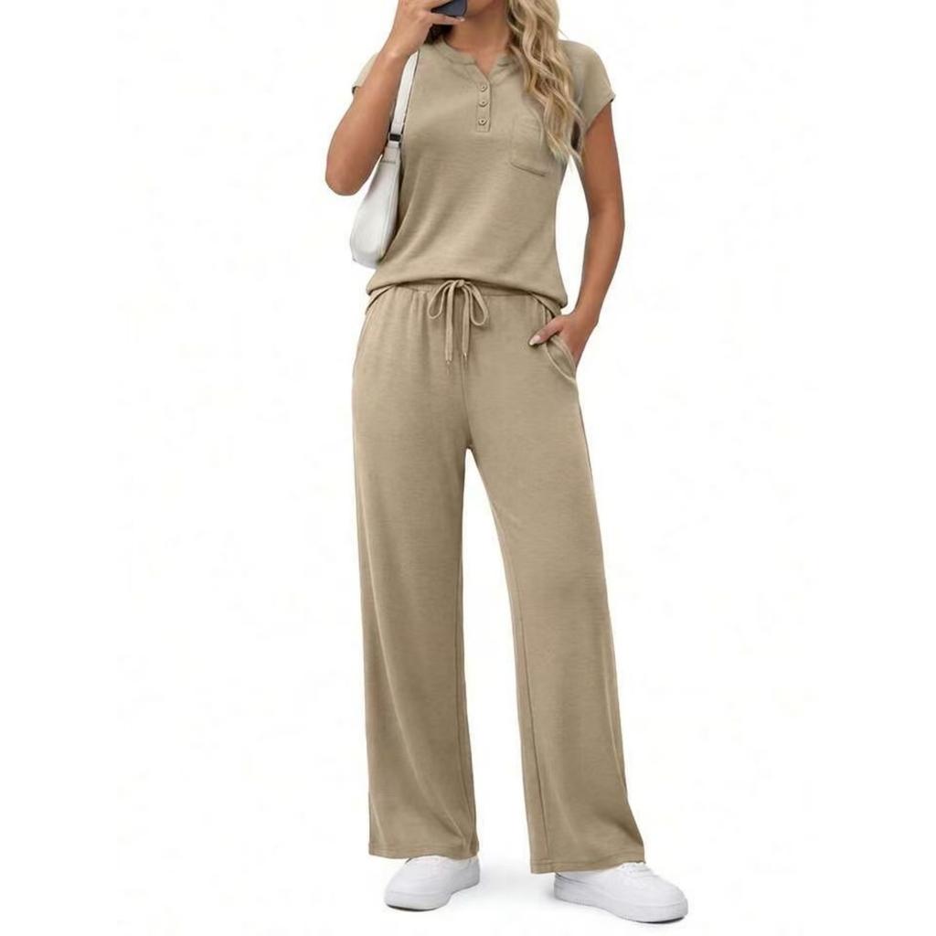 Fashion Women's Spring And Summer Short Sleeved V-neck Top Loose Wide Leg Pants Set