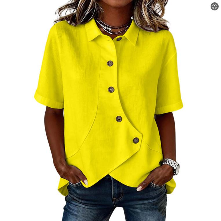 Casual Solid Color Cotton Short Sleeve Shirt For Women With Asymmetric Design For Office Wear