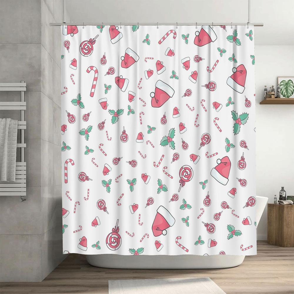 Christmas Candy Cane Santa Hat Printed Shower Curtain for Bathroom Decor Waterproof Fabric with Hooks (White)