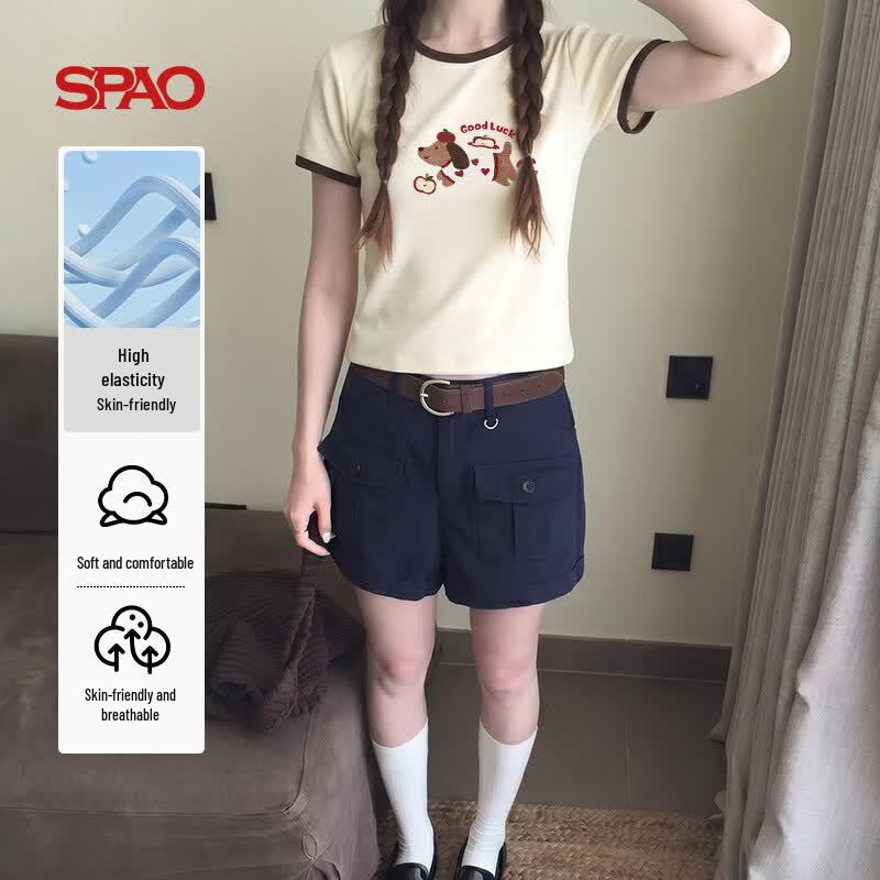 SPAO Vintage Color-Block Apple Dog Print Slim T-Shirt L