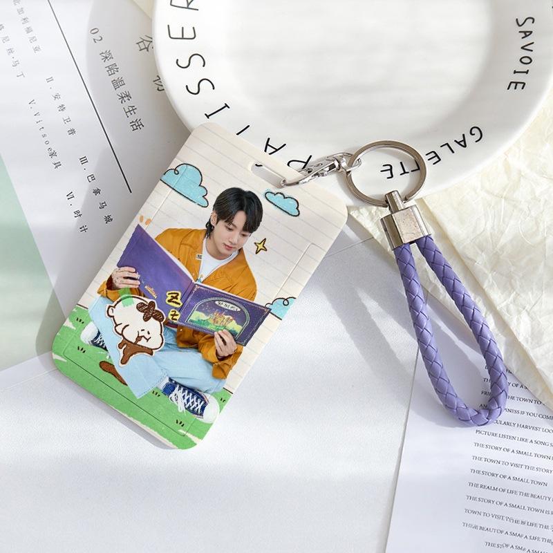 BTS Sliding Photocard Holder, Protective ID Badge Card Case with Braided Keychain Strap, Student Campus Bus Meal Card Protector Merch for ARMY
