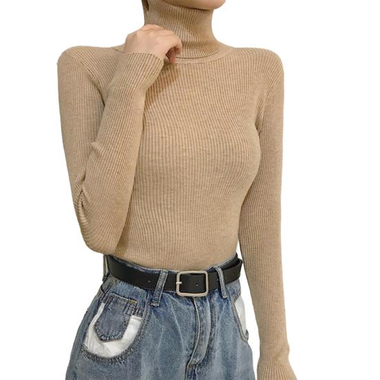 Women Knitting Tops Turtleneck Long Sleeve Solid Color Bottom Sweater Slim Fit Knitting Pullover Tops Autumn Winter Wear