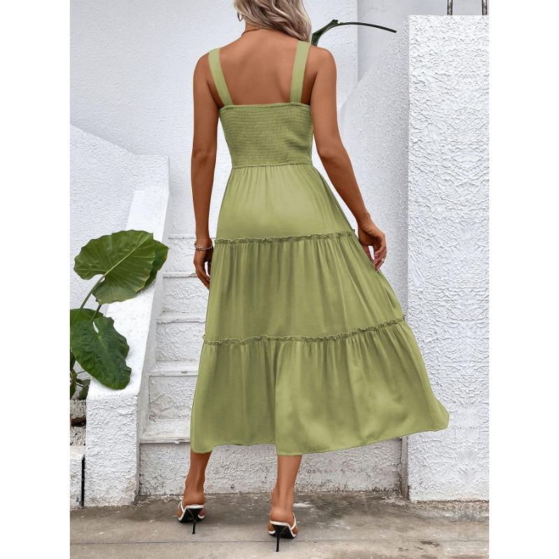 VEZFAA Kvinnemote Sommer Vår Ensfarget Print Ermeløse seler Høy midje Uformelle kjoler