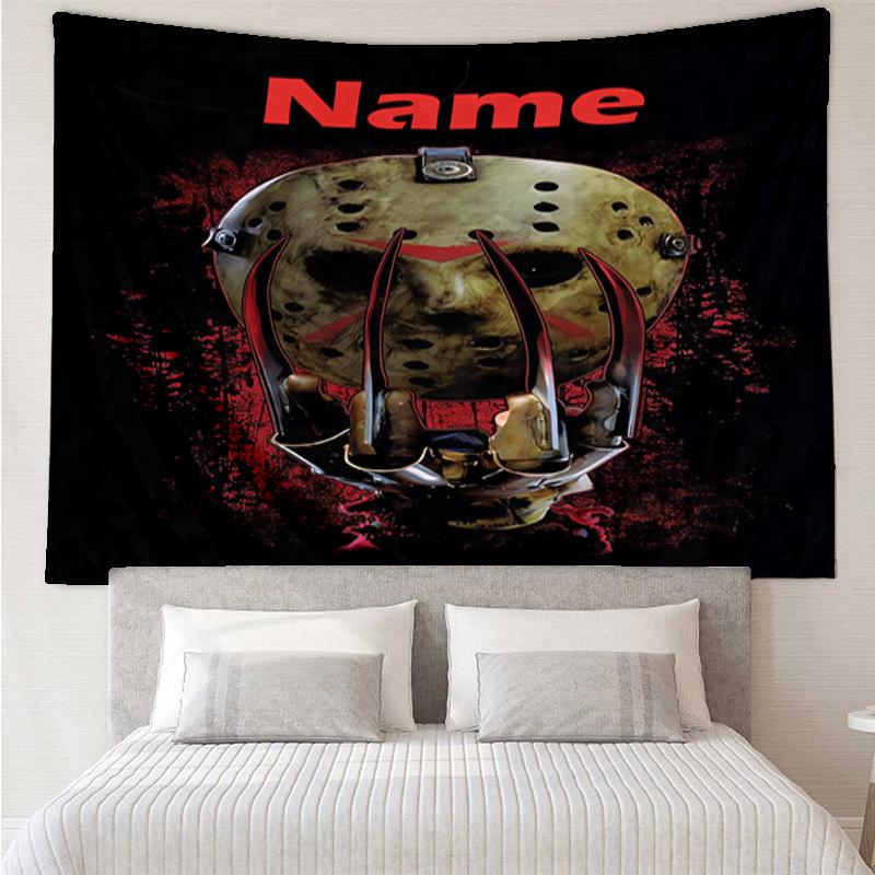 Custom Name Friday the 13th Print Tapestry, Backdrop, Easy Setup, Ideal for Bedroom, Office & Living Room, with Aesthetic Wall Hanging Decor.