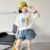 Girls' Korean Style Summer Set: Short-Sleeve T-Shirt & Thin Denim Skirt Shorts