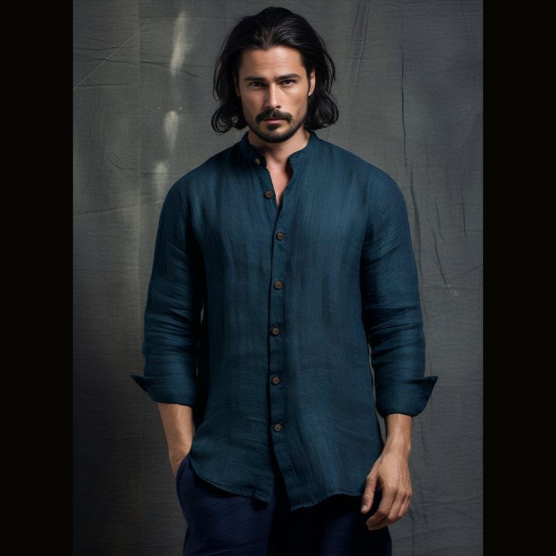 Bavlněná lněná košileNová pánská vintage bavlněná lněná krepová košile s límečkem Henley