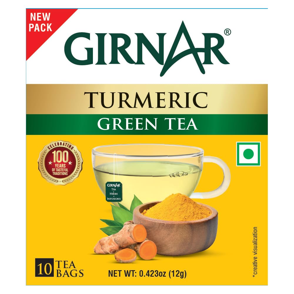Girnar Green Tea with Turmeric Tea Bags 10 Count | Low Caffeine, Vegetarian, Allergen-Free Herbal Beverage