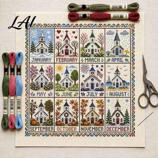 Farmhouse Style Embroidery Decor 12-Month Cross Stitch Kit DIY Four Seasons Seasonal Gift Idea for Enthusiasts Stamped Stitching Craft Set Beginners,