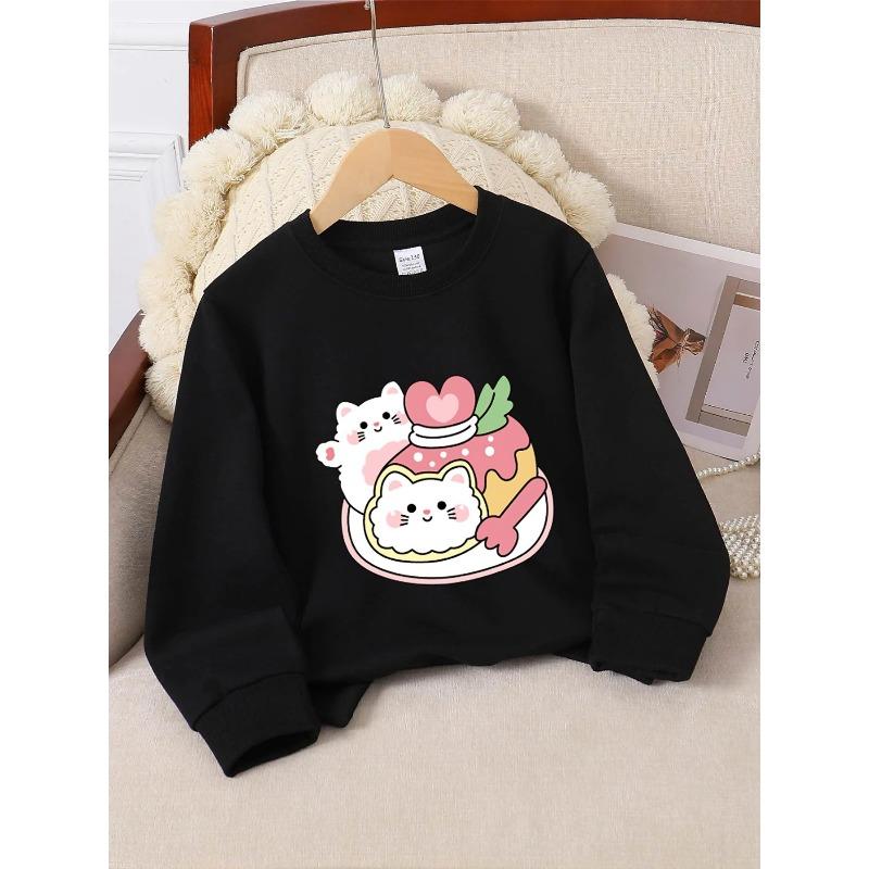 Girls' Crewneck Sweatshirt - Cute Cat Cake with Heart Topper Machine Washable, Spring And Autumn