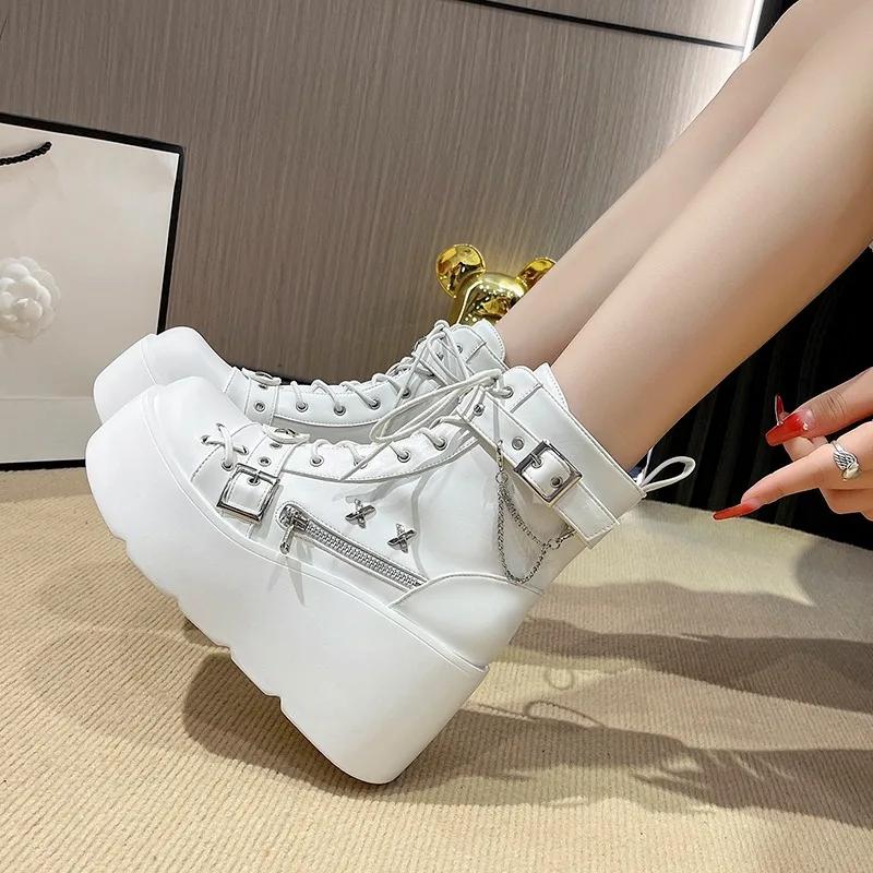 Fashion 9CM Women's High Platform Motorcycles Boots Winter Heels Puck Style Ankle Boots Female Chunky Sneakers Autumn Spring Shoes Woman
