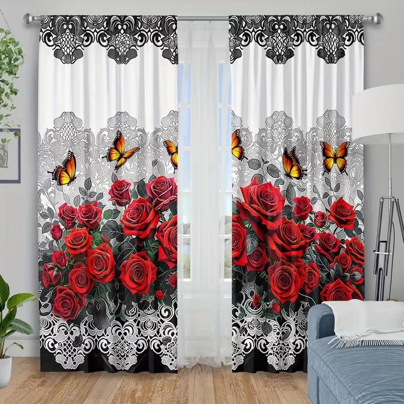 Set Of 2 Dark Rose Butterfly Print Curtains Suitable Bedroom Living Room Kitchen Decoration Home Window Curtain Polyester Perfect For Sitting
